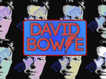 David Bowie tribute promo slide has 8 David Bowie faces overlaid with central red-bordered, blue rectangle with red David Bowie text in it