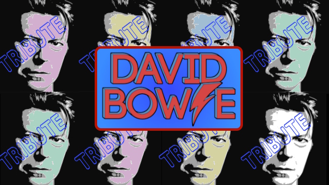 David Bowie tribute promo slide has 8 David Bowie faces overlaid with central red-bordered, blue rectangle with red David Bowie text in it