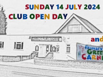 Initial promo slide for Club's Open Day on July 14 showing Club's street façade in monochrome together with village's Carnival banner as it's on the same day.