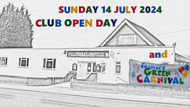 Initial promo slide for Club's Open Day on July 14 showing Club's street façade in monochrome together with village's Carnival banner as it's on the same day.