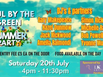 Promo slide for 20th July Soul-by-the-Green summer party with a list of featured DJs, £5 entrance on the door and food available