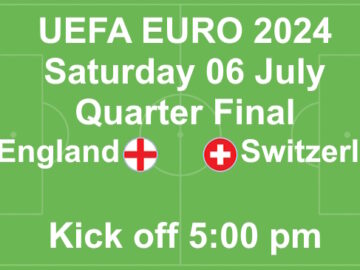 Slide showing England play Switzerland in Quarter Final of UEFA Euro 24 on 6th July