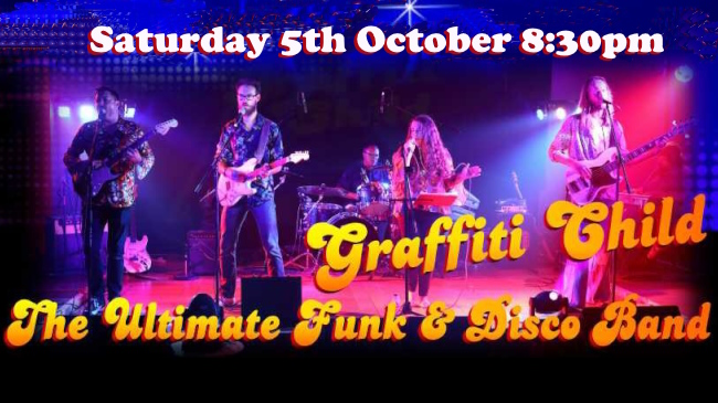 Promo slide for Graffiti Child Live Music 5th October 2024 with band on stage