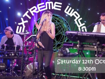 Promo slide band Extreme Ways trio on stage for Live Music 12th October 2024