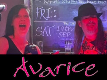 Avarice Duo performing and group's logo montage promo slide for 14th September 2024