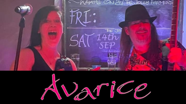 Avarice Duo performing and group's logo montage promo slide for 14th September 2024