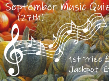 September 27th Music Quiz promo slide with £20 first prize and £140 jackpot