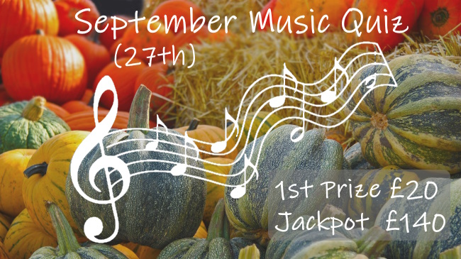 September 27th Music Quiz promo slide with £20 first prize and £140 jackpot