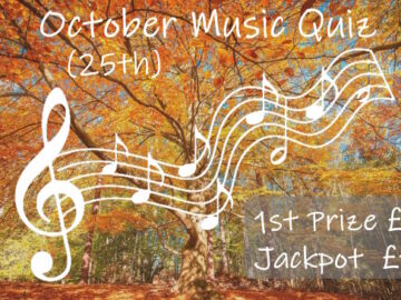 Promo for October 25th Music Quiz showing cartoon stave and notes on background of autumn tree canopy. First prize £20 and Jackpot £160.