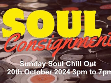 Promo slide for Soul Sunday 20th October 2024 showing floor covered in vinyl disks