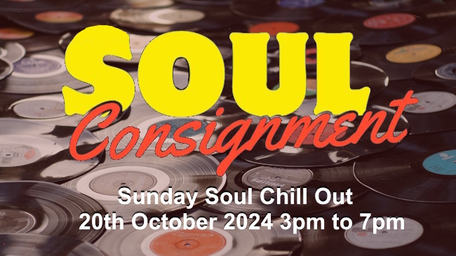 Promo slide for Soul Sunday 20th October 2024 showing floor covered in vinyl disks