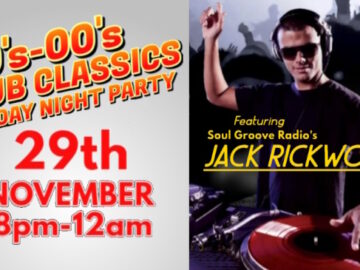 DJ Jack Rick at the vinyl turn-table alongside promo for 29 NOV nineties to noughties music Party