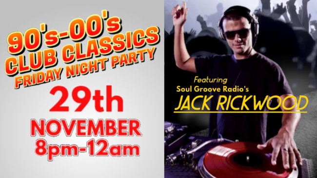 DJ Jack Rick at the vinyl turn-table alongside promo for 29 NOV nineties to noughties music Party