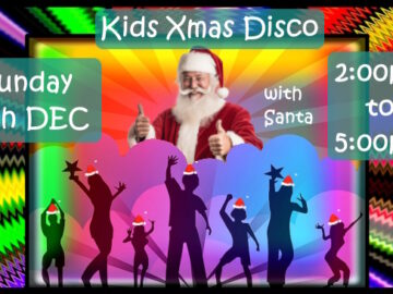 Montage of bright colours, silhouettes of people dancing and a thumbs-up Santa promote the 15th December Kids Christmas party & disco