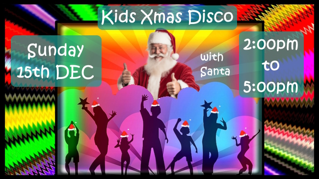 Montage of bright colours, silhouettes of people dancing and a thumbs-up Santa promote the 15th December Kids Christmas party & disco