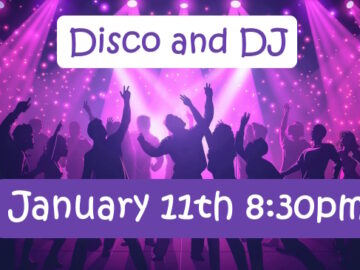 Silhouette of people dancing in a disco with January 11th at 8:30pm written at bottom.