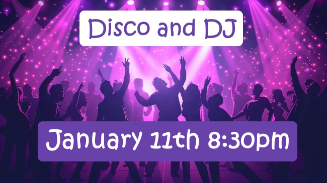 Silhouette of people dancing in a disco with January 11th at 8:30pm written at bottom.