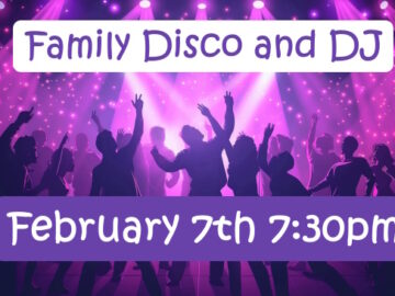 Silhouettes of dancing people with lights from above promoting February 7th Disco with DJ at 7:30pm