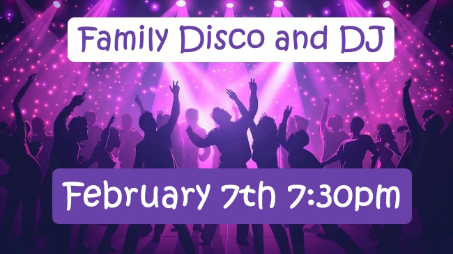 Silhouettes of dancing people with lights from above promoting February 7th Disco with DJ at 7:30pm