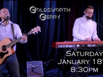 Goldsworth Gerry duo on stage with "Saturday January 18th 8:30pm" white text at the bottom right