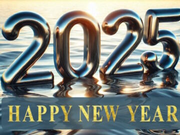 Large metallic 2025 numerals resting on the surface of a gently rippling ocean at sunrise with Happy New Year banner underneath