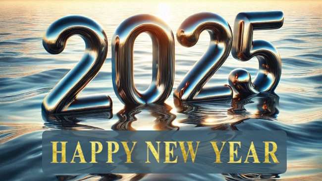 Large metallic 2025 numerals resting on the surface of a gently rippling ocean at sunrise with Happy New Year banner underneath