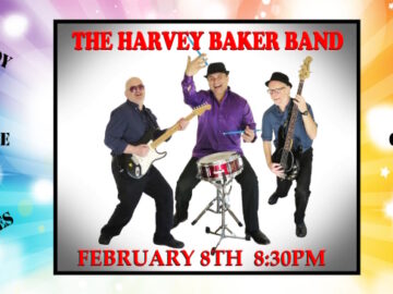 Promo for Harvey Baker Band on February 8th at 8:30pm showing the trio with instruments with names of artists they cover around the outside.