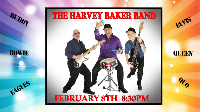 Promo for Harvey Baker Band on February 8th at 8:30pm showing the trio with instruments with names of artists they cover around the outside.