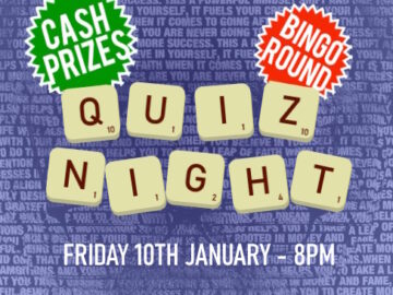 Scrabble tiles spelling "Quiz Night" on word-filled background and feature circles promoting cash prizes and a Bingo round.