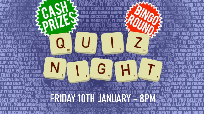 Scrabble tiles spelling "Quiz Night" on word-filled background and feature circles promoting cash prizes and a Bingo round.