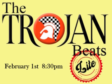 Trojan Beats (Lite) logo of black text on a pale yellow background for their event on 1st February at 8:30pm