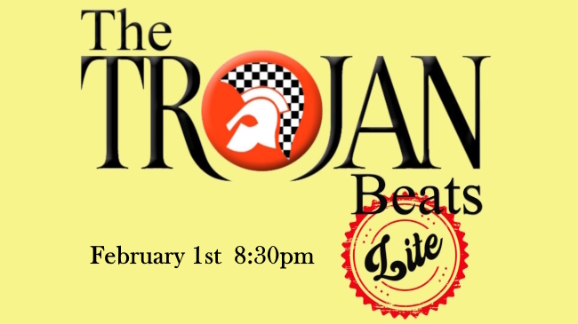 Trojan Beats (Lite) logo of black text on a pale yellow background for their event on 1st February at 8:30pm