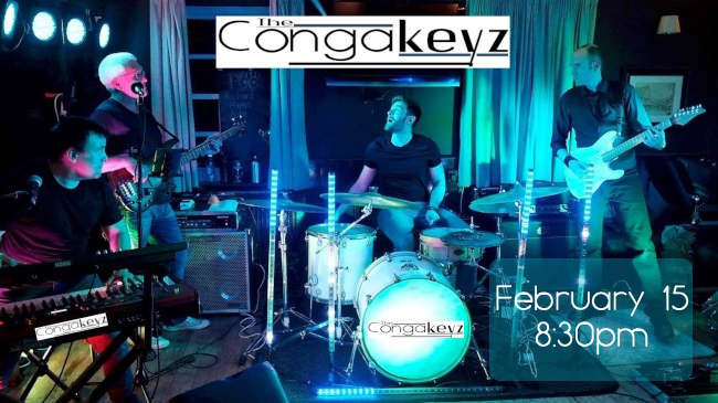 Slide with The Congakeyz 4 band members on stage under blue lighting with text promoting their 15 February gig at the Club.