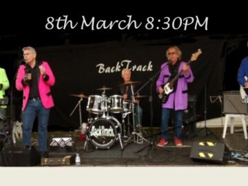 BackTrack band on stage in promo slide for 08 MAR 2025 event