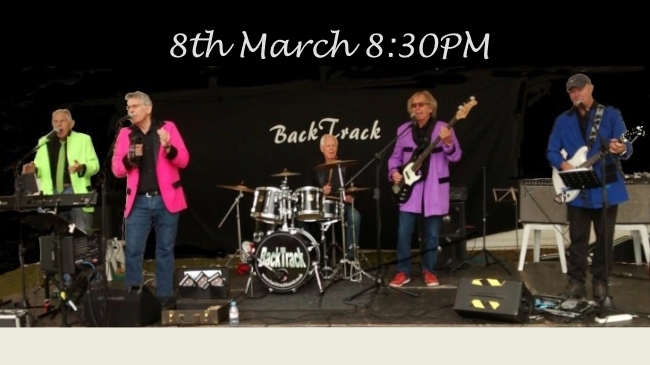 BackTrack band on stage in promo slide for 08 MAR 2025 event