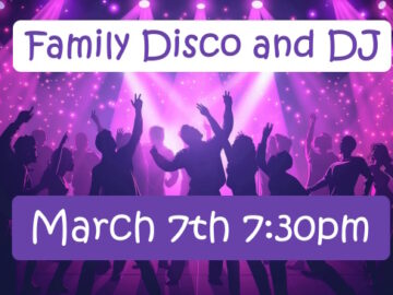 Silhouettes of dancing people with lights from above promoting March 7th Disco with DJ at 7:30pm