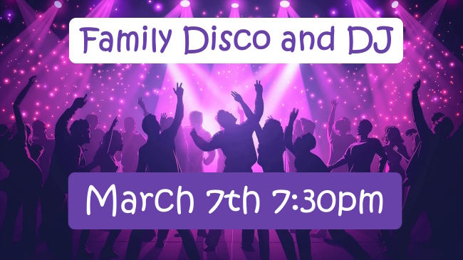 Silhouettes of dancing people with lights from above promoting March 7th Disco with DJ at 7:30pm