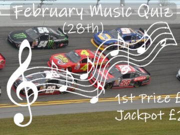 White music stave on backdrop of Daytona 500 Nascar race promoting February 2025's Music Quiz