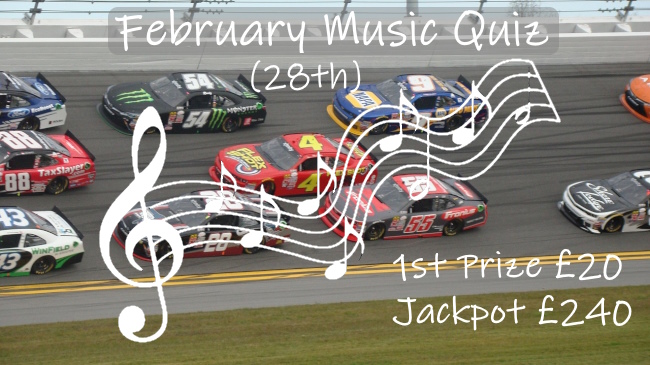 White music stave on backdrop of Daytona 500 Nascar race promoting February 2025's Music Quiz