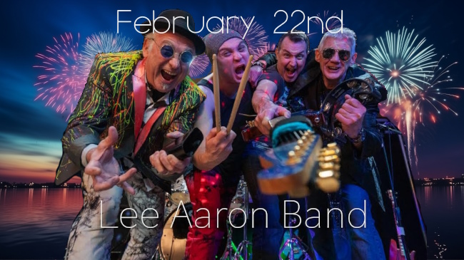 The 4 Lee Aaron Band members in fun pose for photo against a fireworks backdrop promoting their 22nd February gig at the Club.