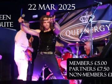 Promo slide for 22nd March 2025 Queen Tribute Band - Queenergy - with band on stage