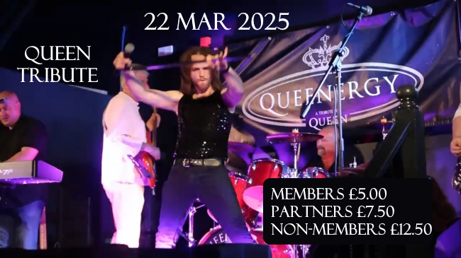 Promo slide for 22nd March 2025 Queen Tribute Band - Queenergy - with band on stage