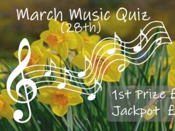 Promo slide for March Music quiz with 1st price £20 and Jackpot £50