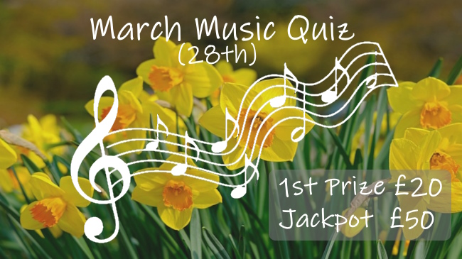 Promo slide for March Music quiz with 1st price £20 and Jackpot £50