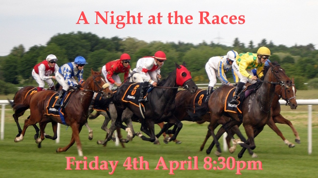 Promo slide for race night event on Friday 4th April 2025 at 8:30pm